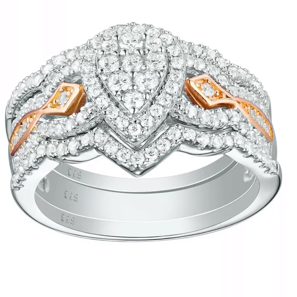925 Sterling Silver Diamond Engagement Bridal Wedding 3 Band Ring Set 9.5